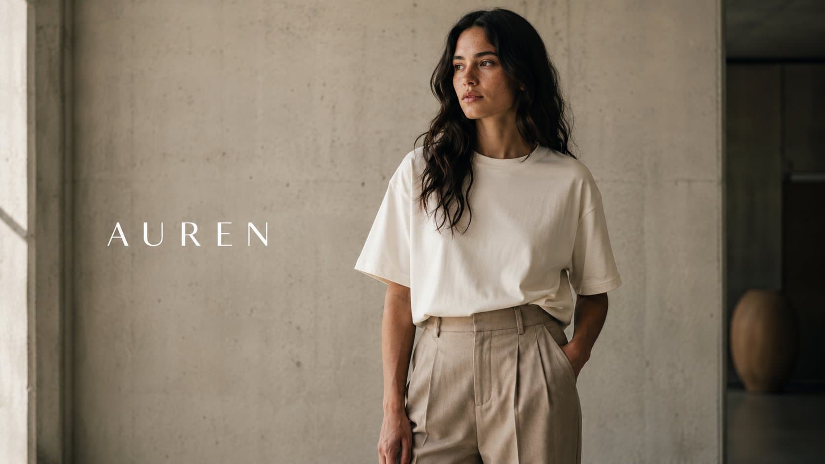AUREN — featured collection, woman in off-white t-shirt and sand trousers